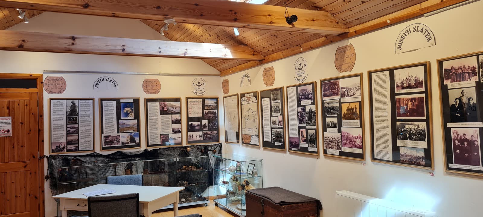 Inside the centre: display boards and photographs