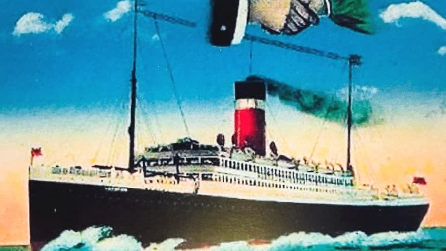 A steamship with a red funnel