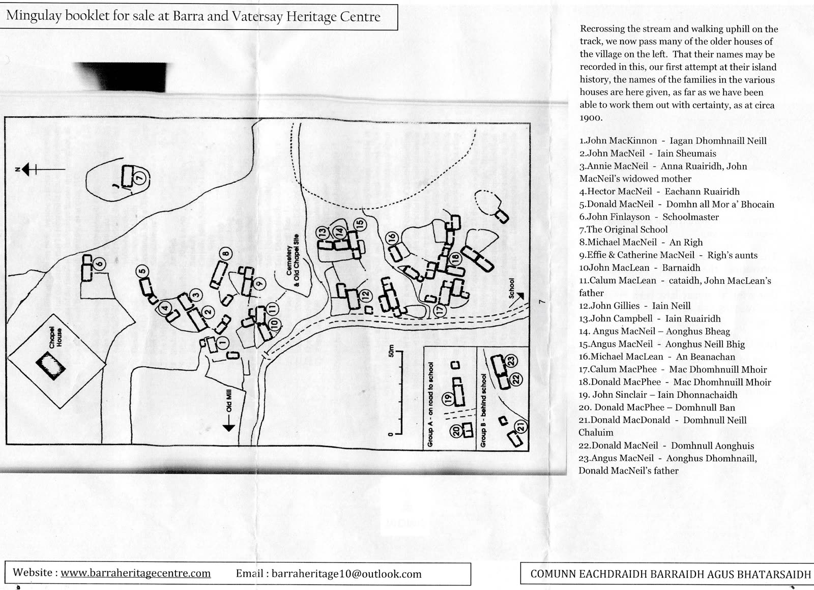 Page from the Mingulay booklet: a map of the village with a numbered list of houses and families